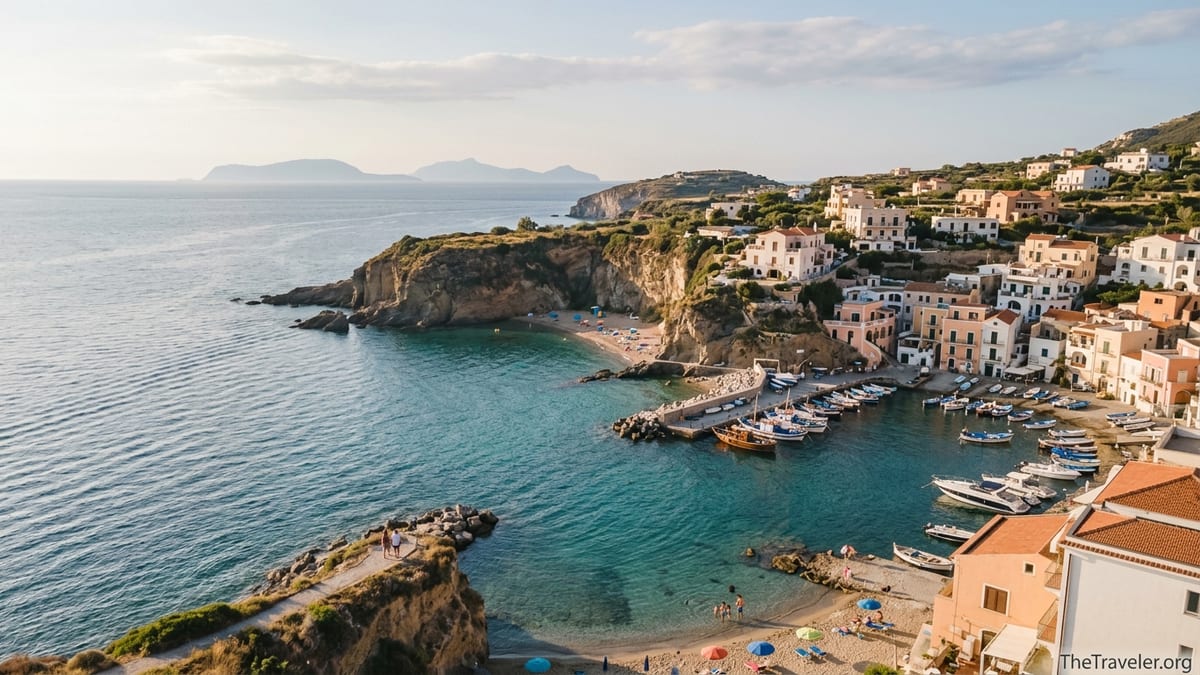 Aerial view of an Italian island village above turquoise coves and sandy beaches at sunset.