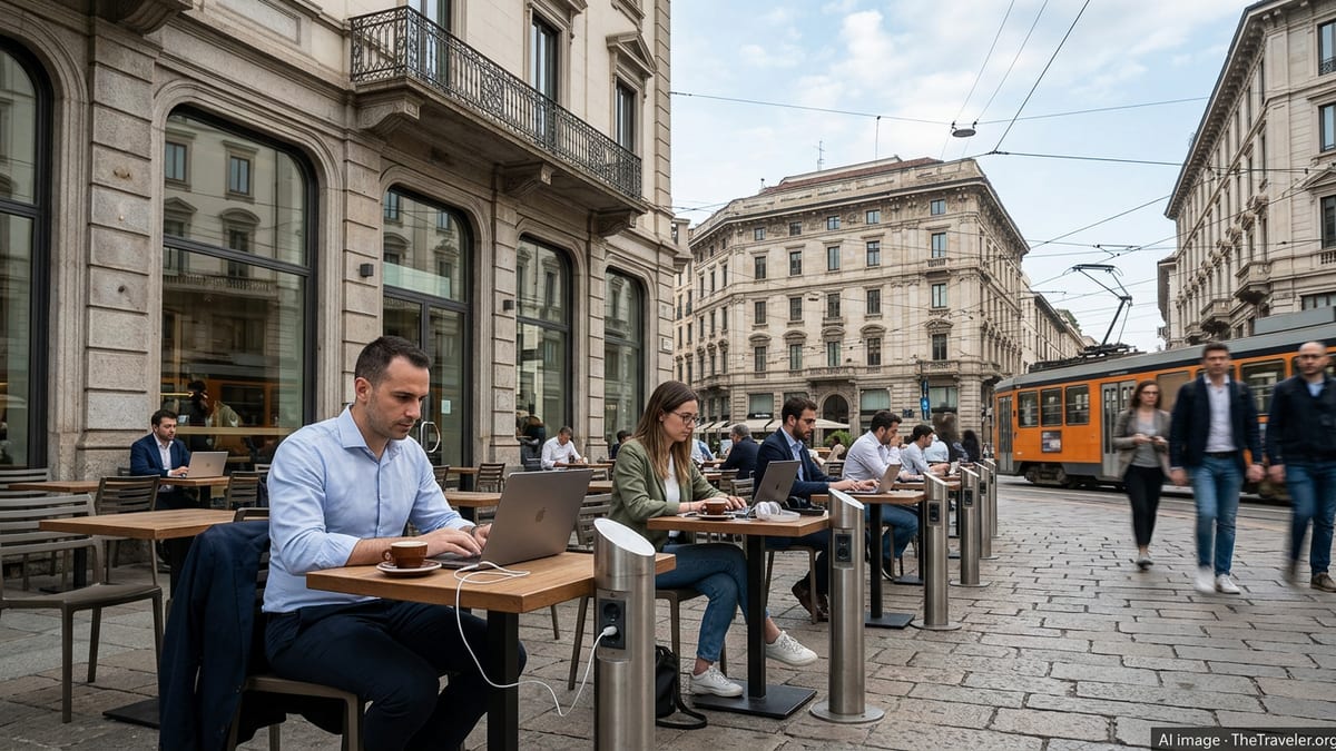 Remote workers with laptops at a Milan cafe terrace in soft morning light.