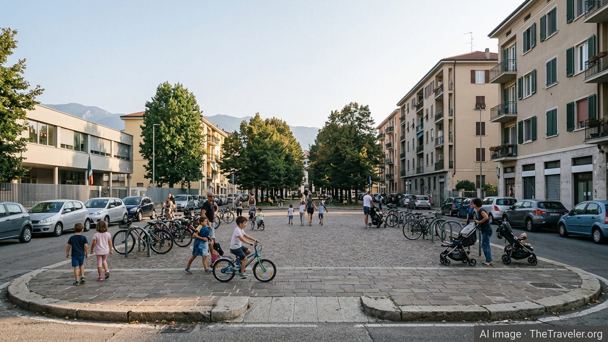 Family-friendly Italian city street with children walking near a modern school and apartments.