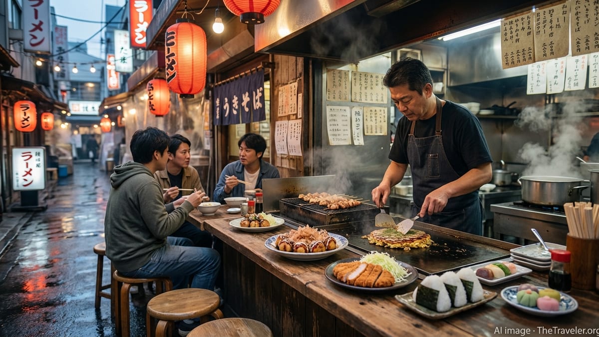 Japanese street food alley at dusk with yakitori, okonomiyaki, takoyaki and onigiri on a counter in Osaka.