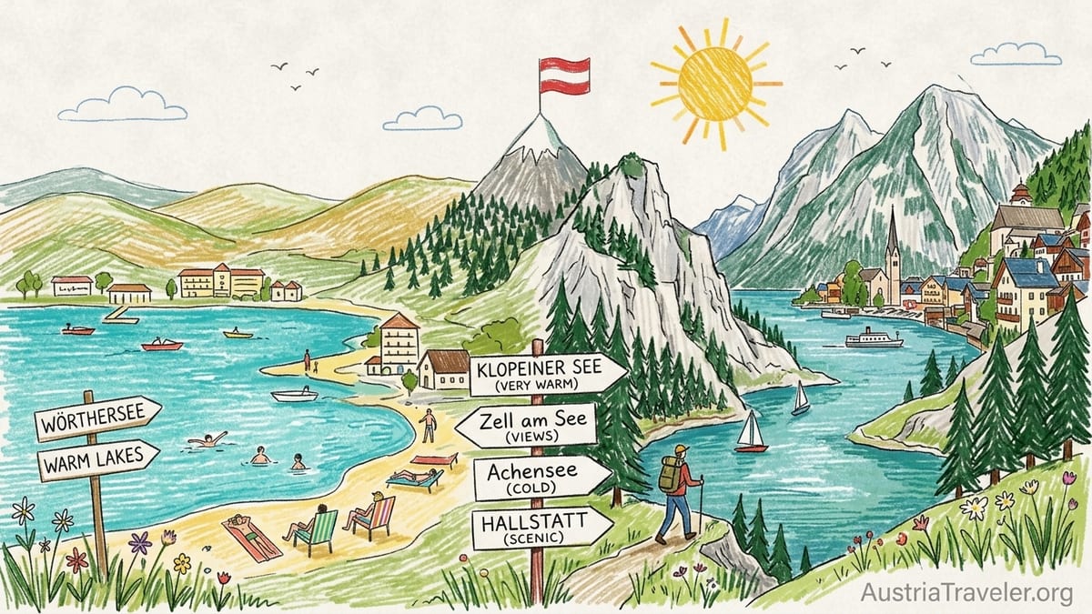 Summer swimmers enjoying a clear Austrian lake with a mountain village and peaks in the background.