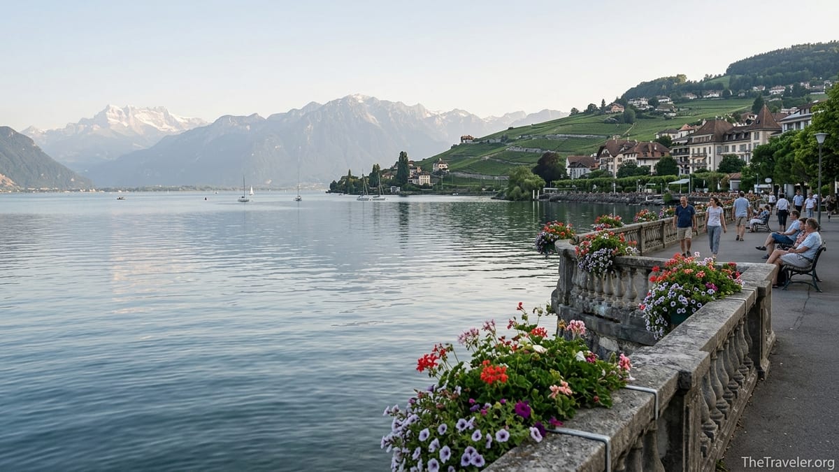 Evening view of Lake Geneva from Montreux promenade with flowers, calm water and distant Alps.
