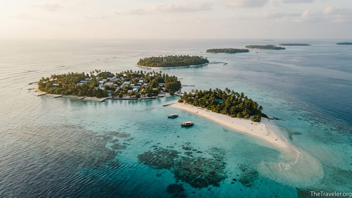 Aerial view of Maldivian local islands with white beaches, sandbars and turquoise lagoons at golden hour.