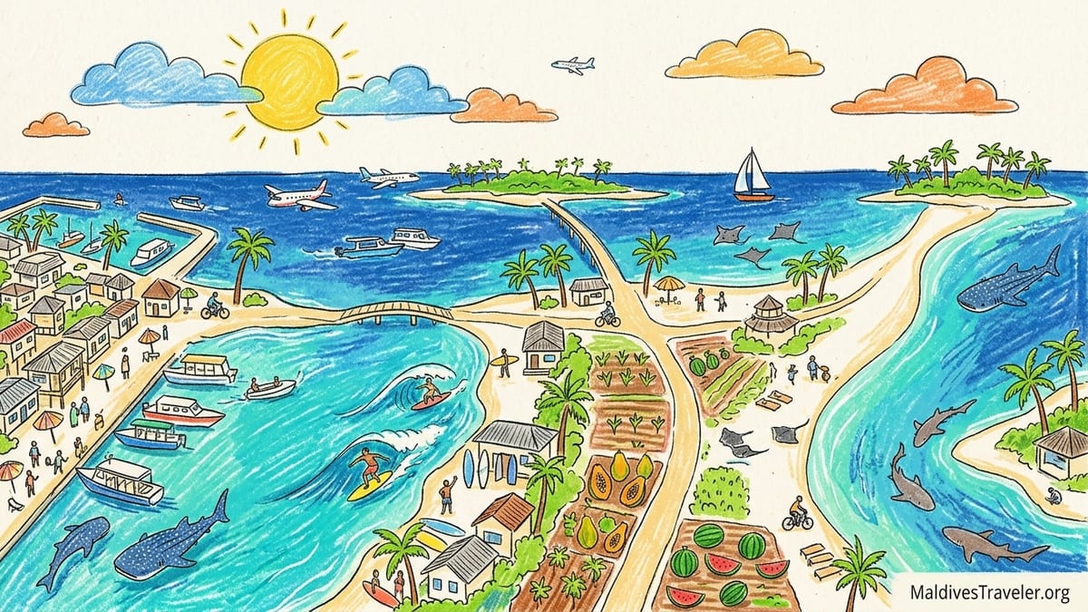 Aerial view of several Maldives local islands with beaches, reefs and boats at golden hour.