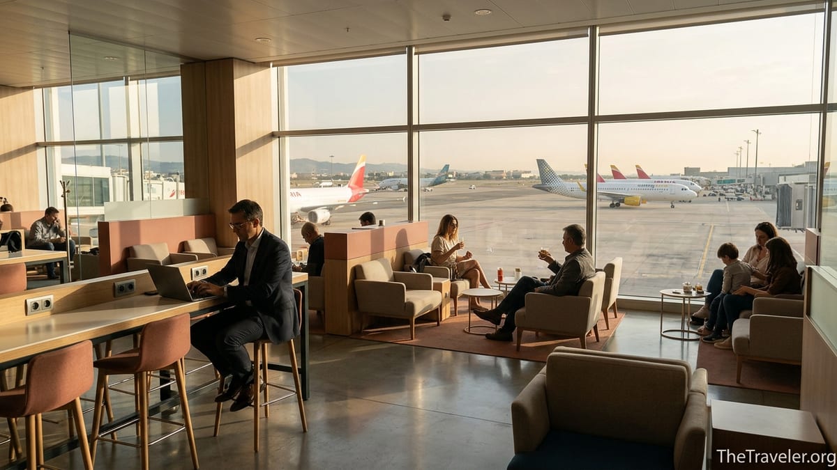 Travelers relaxing in a bright airport lounge at Barcelona El Prat with runway views.