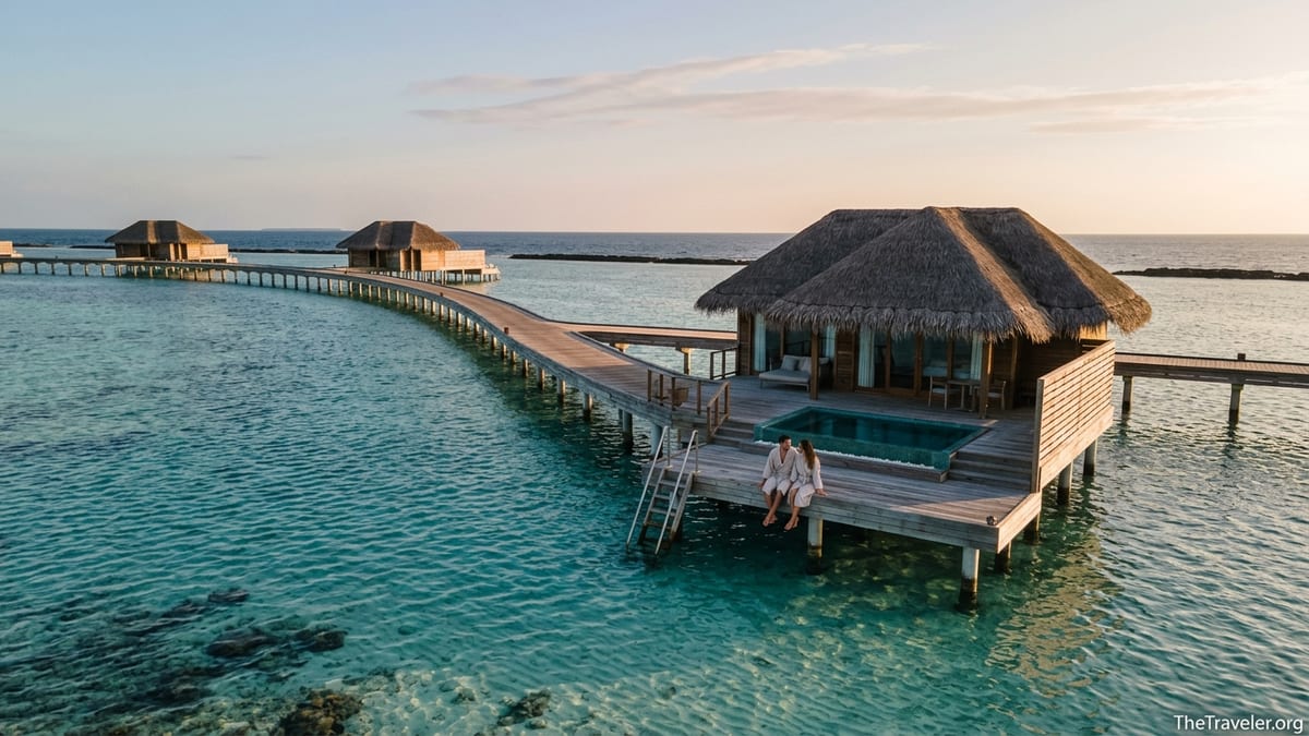 A secluded overwater villa for two in a Maldives atoll at sunset, surrounded by clear turquoise lagoon.