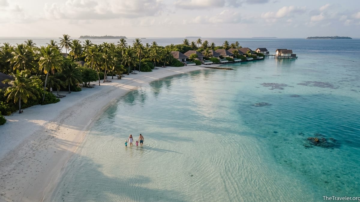 Family with children wading in a shallow turquoise lagoon beside a Maldives island resort.