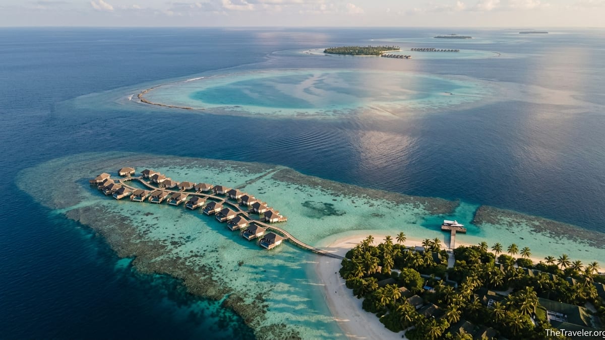 Aerial view of Maldives atolls with resort islands, lagoons and overwater villas at sunset.