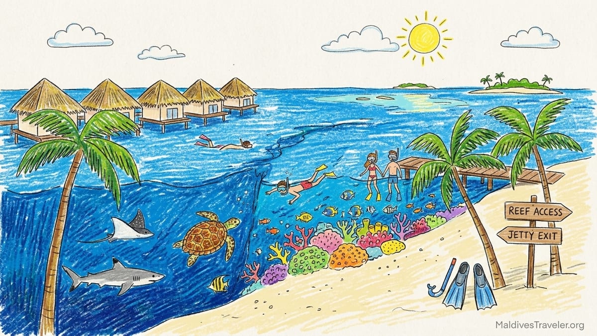 A Maldivian island ringed by a dark coral house reef with snorkelers near the reef edge.
