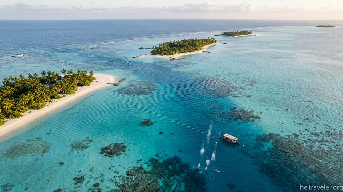 Aerial view of Maldivian islands, reefs and a dive boat above a deep blue channel at sunset.