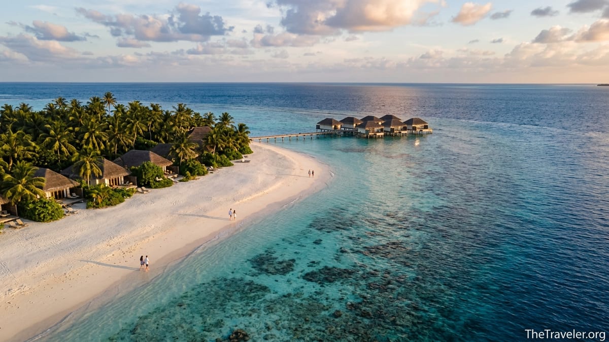 A quiet Maldivian island with white beach, turquoise lagoon and a few villas at sunset.