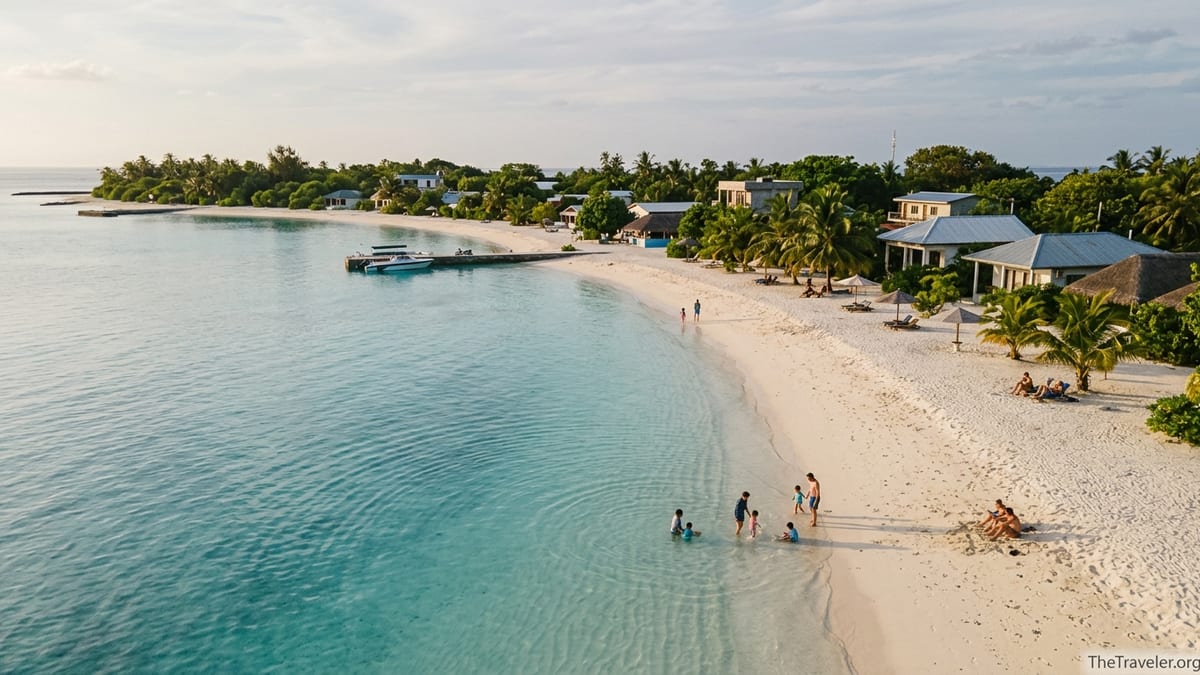 Family with children playing on a calm Maldivian lagoon beach near a small island village.