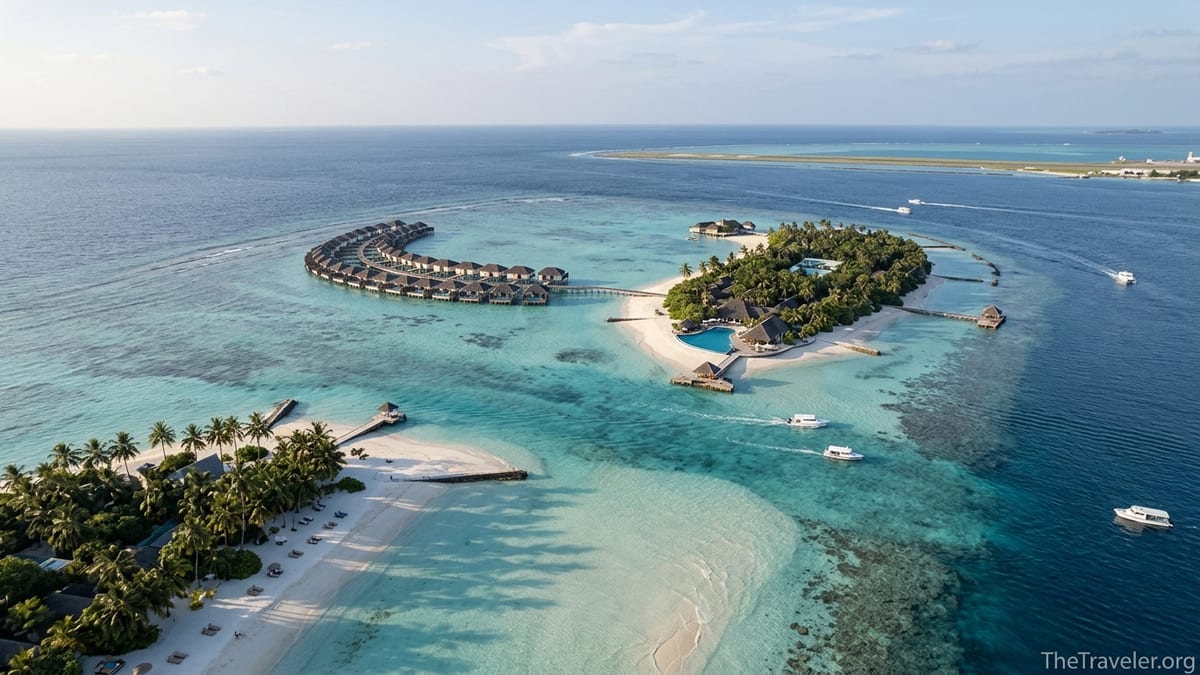 Aerial view of Maldives islands near Malé with speedboats crossing turquoise lagoons.