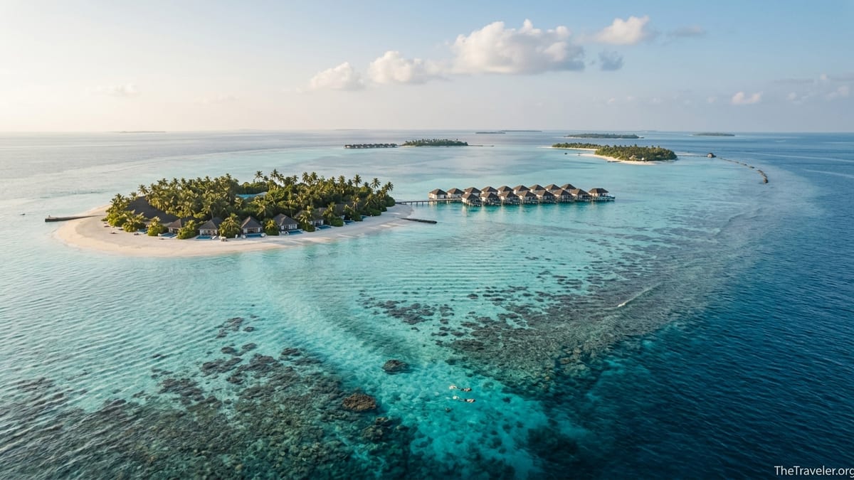 A Maldivian resort island with overwater villas and a vibrant house reef seen from above.