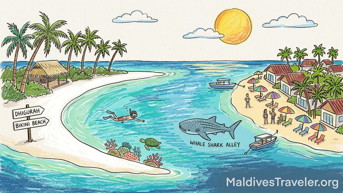 Aerial view of a Maldives local island with long white-sand beach, sandbank and turquoise lagoon.
