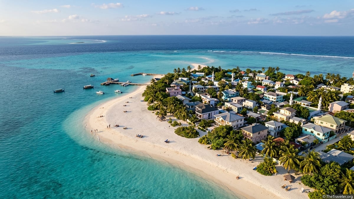 A Maldivian local island with a white-sand bikini beach, village and turquoise lagoon seen from above.