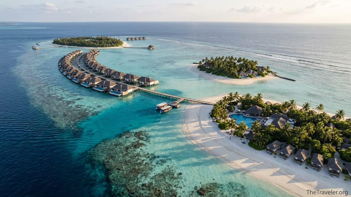 Aerial view of several Maldives resort islands with overwater villas and turquoise lagoons at sunset.