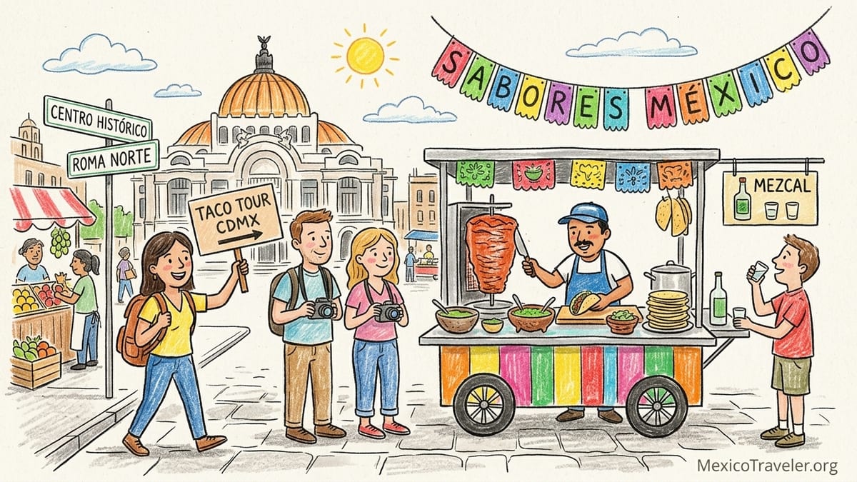 Street taco stand in Mexico City with al pastor on a spit as travelers taste tacos during a food tour.