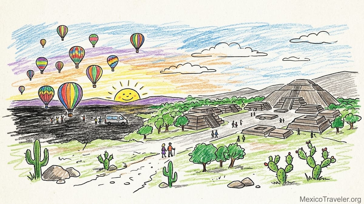 Travelers at Teotihuacán at sunrise with the Pyramid of the Sun and hot-air balloons in the background.