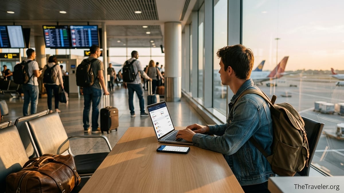 Traveler in an airport lounge using a laptop and phone to compare international money transfer options.