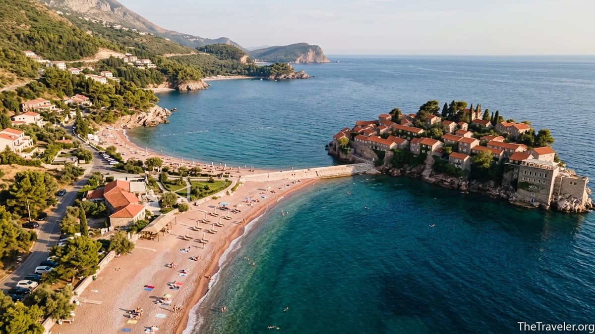 Aerial view of Sveti Stefan island and nearby beach on Montenegro’s Adriatic coast.