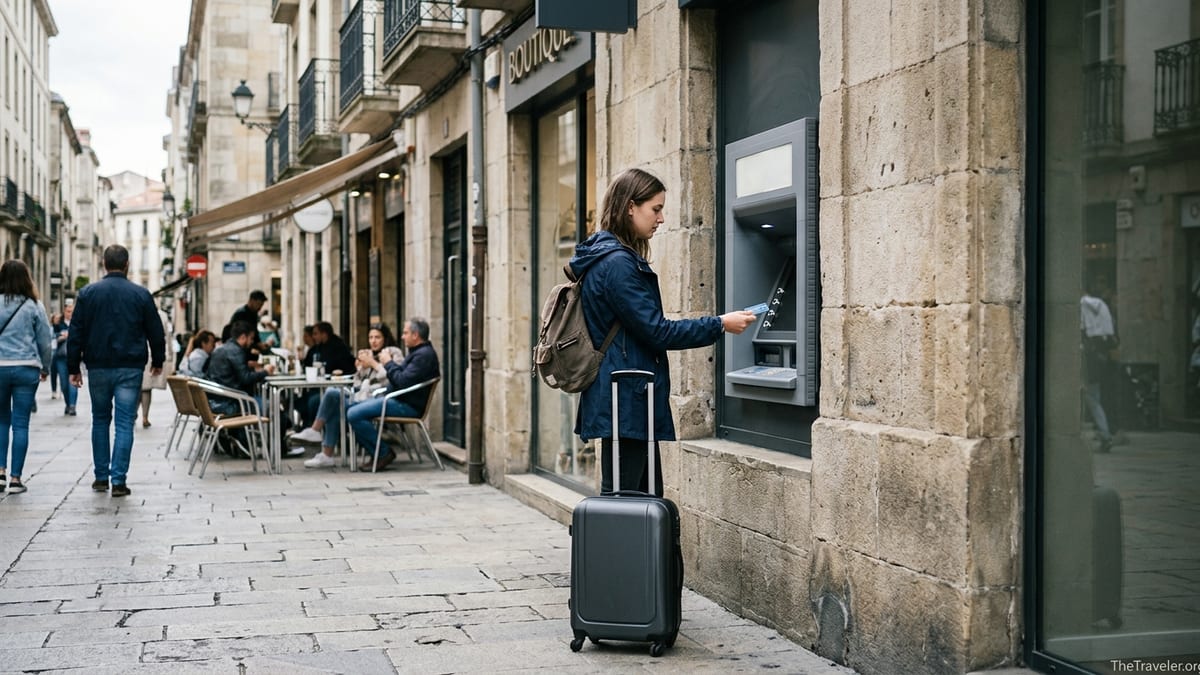 Traveler withdrawing cash from an ATM on a busy European street with luggage.