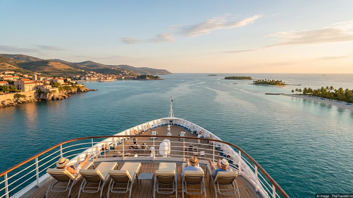 View from deck of an MSC cruise ship sailing past distant coastline at sunset.