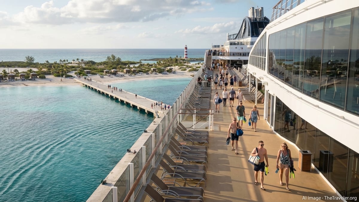 View from an MSC ship toward Ocean Cay’s white sands, turquoise waters and lighthouse on a sunny afternoon.