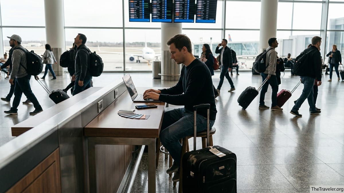 Traveler using multiple bank cards on a laptop in an airport terminal