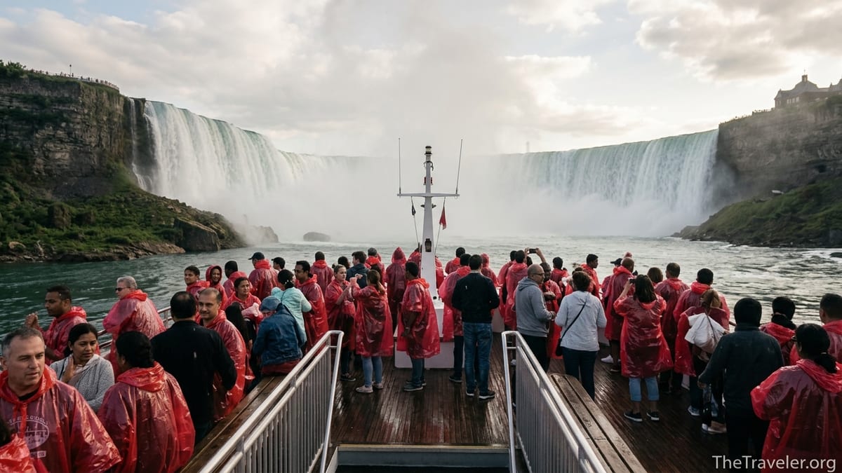 Crowd in red ponchos on Niagara City Cruises boat approaching misty Horseshoe Falls in late afternoon light.