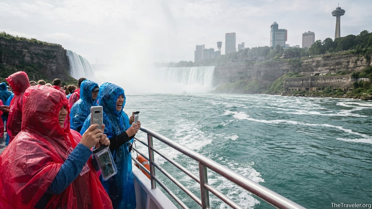 Tourists in ponchos on a boat approaching the misty Horseshoe Falls at Niagara Falls.