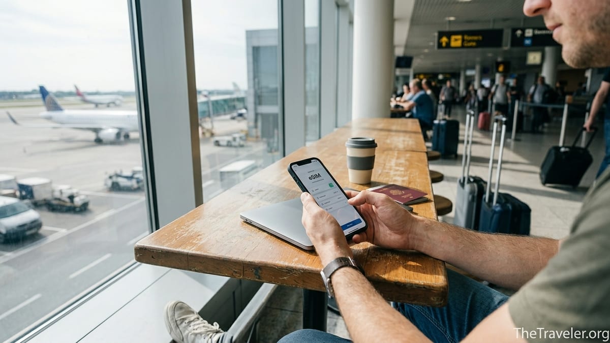 Traveler in an airport lounge checking eSIM options on a smartphone by the window.