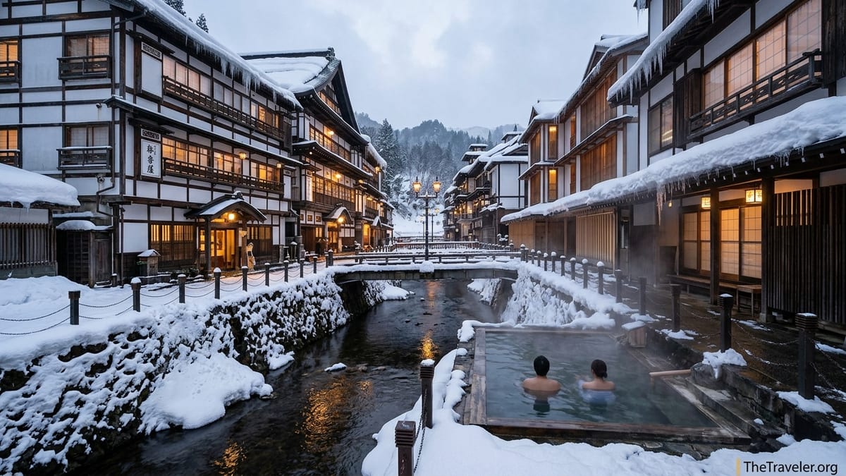 Snow covered Ginzan style onsen town at dusk with steaming outdoor bath by a river.