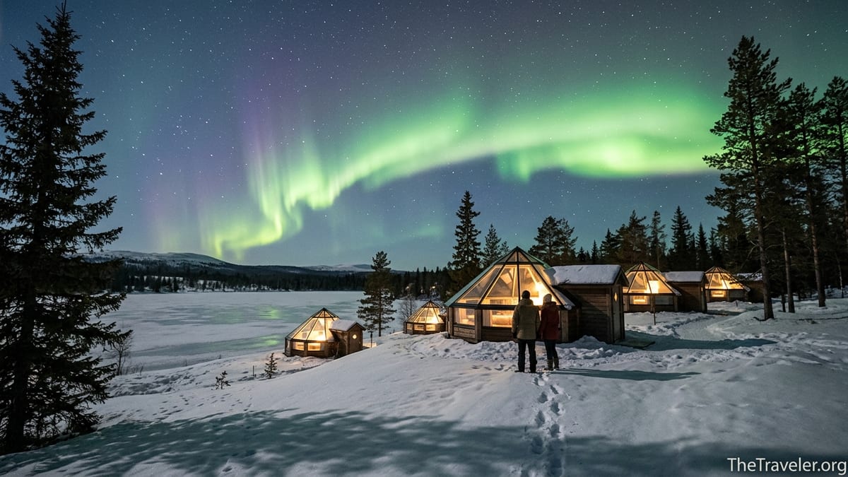 Glass igloo cabins under vivid Northern Lights above a snowy Finnish Lapland landscape at night