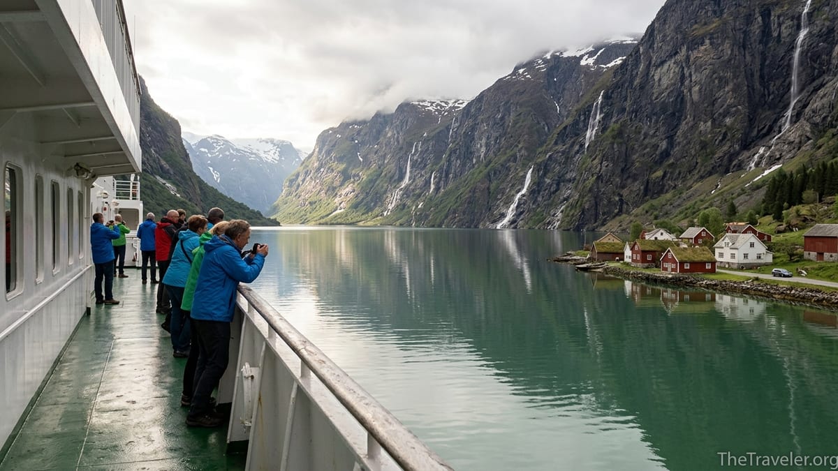 Travelers on a coastal ship deck cruising through a narrow Norwegian fjord in early summer.