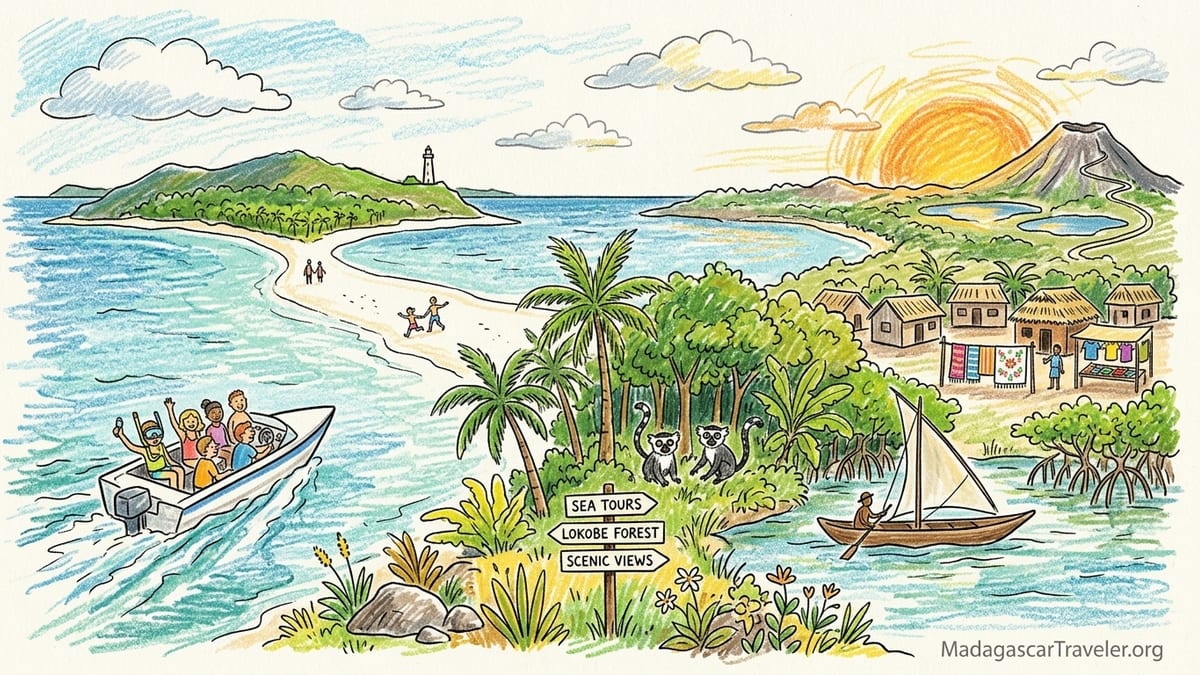 Speedboat loading travelers at sunrise on a Nosy Be beach with islands on the horizon.