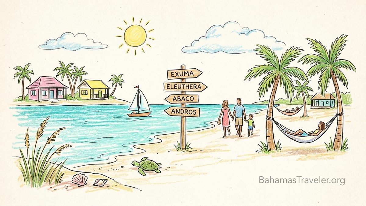 Quiet boutique resort cottages on a secluded turquoise Bahamian Out Island beach at golden hour
