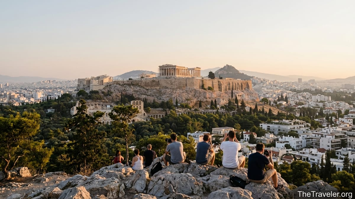 View of the Parthenon at golden hour from Philopappos Hill with Athens skyline below.