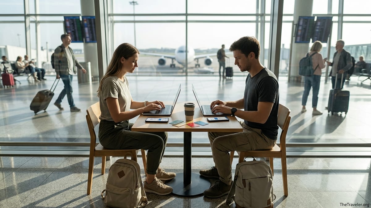 Digital nomads using laptops and phones with multiple banking apps in a bright airport terminal.