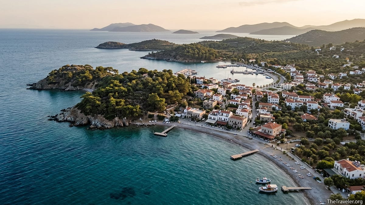Aerial view of an Aegean Turkish coastal town with clear coves, hills and a small harbor at sunset.