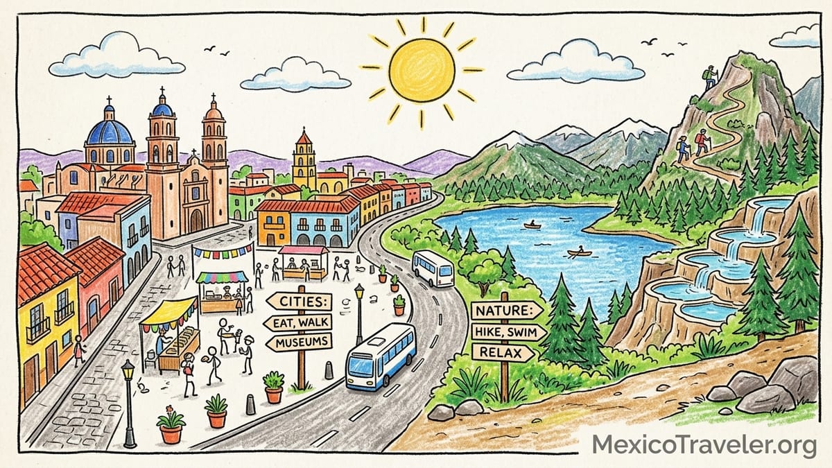 Golden-hour street scene in Central Mexico with colonial buildings, a domed church, and a food stand as travelers stroll.
