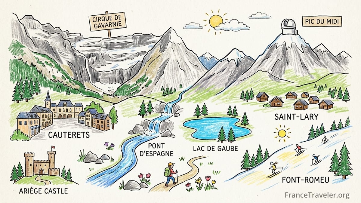 Sunrise over Cirque de Gavarnie amphitheater with green meadows and waterfall in the French Pyrenees.