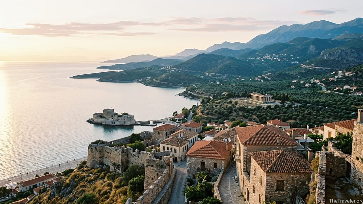 View over a historic Greek coastal town toward olive hills, ruins and distant mountains at sunset.
