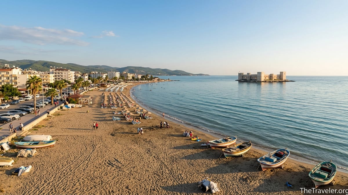 Kızkalesi beach in Mediterranean Turkey with island castle offshore on a calm sunny day.