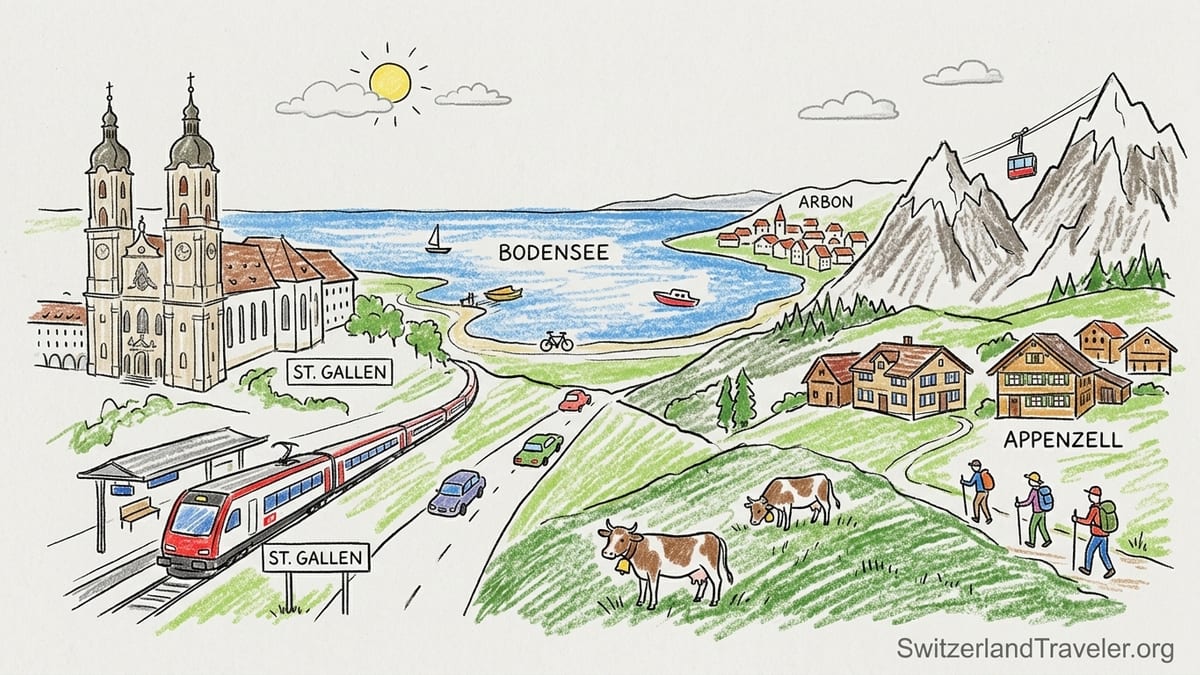 View over Appenzell village toward the Alpstein peaks with green hills and farmhouses in early morning light.