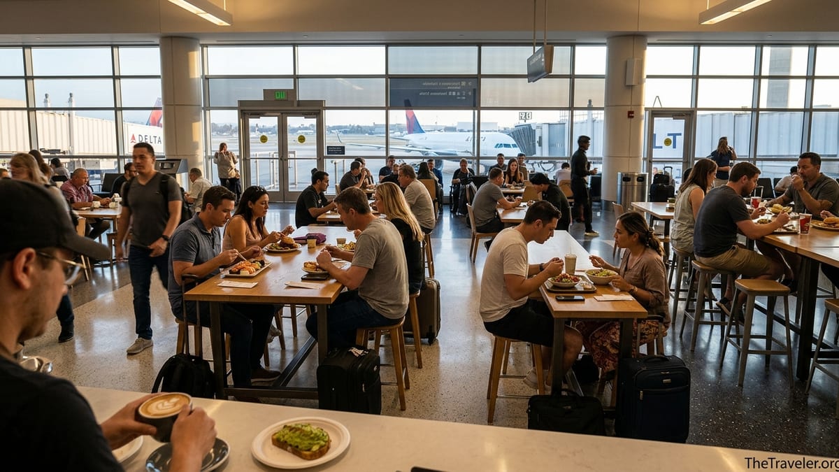 Travelers eating at communal tables in LAX Terminal 3 dining area with planes visible through large windows.