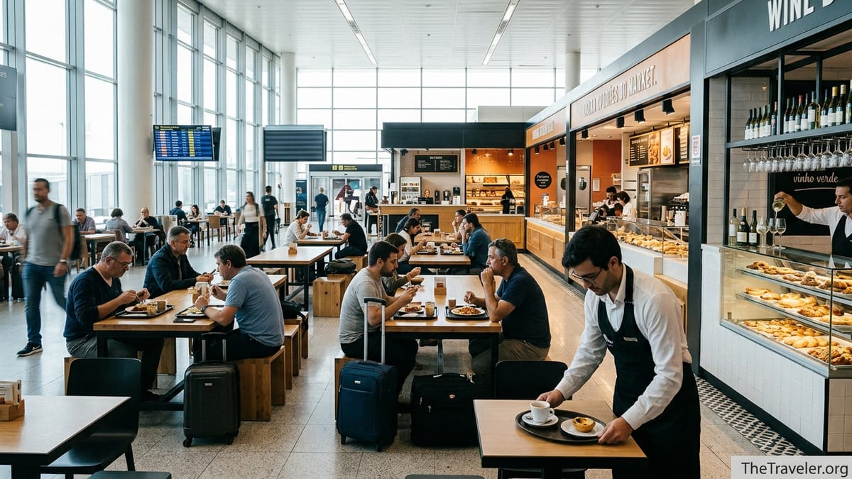 Travelers eating at the central food court in Lisbon Airport’s Terminal 1 before boarding.
