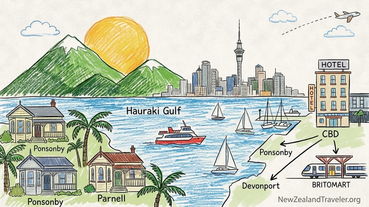 Aerial view of Auckland CBD, Viaduct Harbour and Devonport across the harbour at sunset.