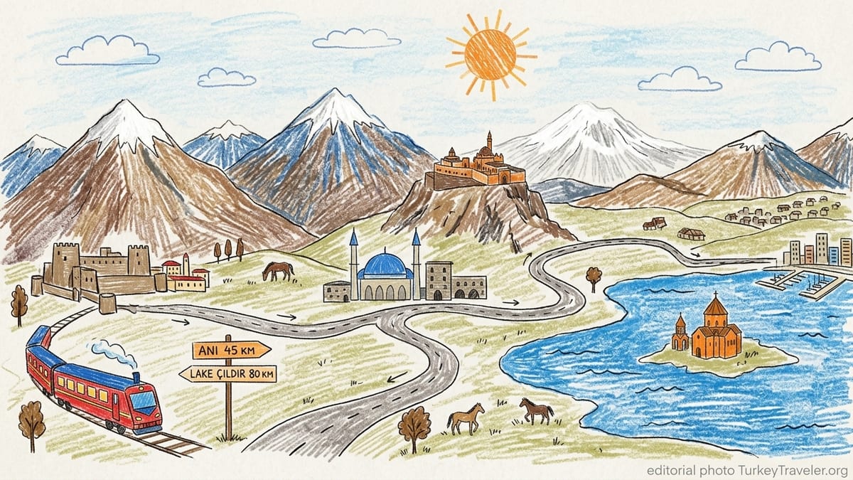 A wide view over Kars fortress and town toward snowy plateaus in Eastern Anatolia at sunset.