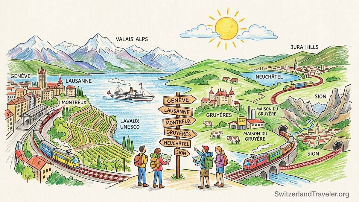 Terraced vineyards above Lake Geneva with Vevey and Montreux along the distant shoreline.